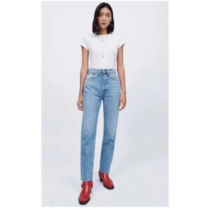 Re/Done Jeans 70s Stovepipe Raw Hem Sz 25 Indie Hipster Stretchy Straight Button